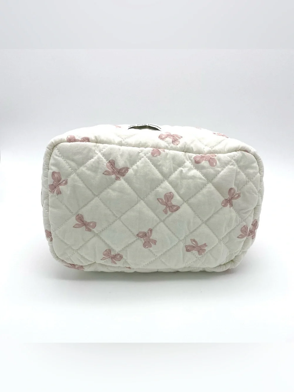The Jolly House White Pink Bow Print Quilted Makeup Bag Zipper Handle